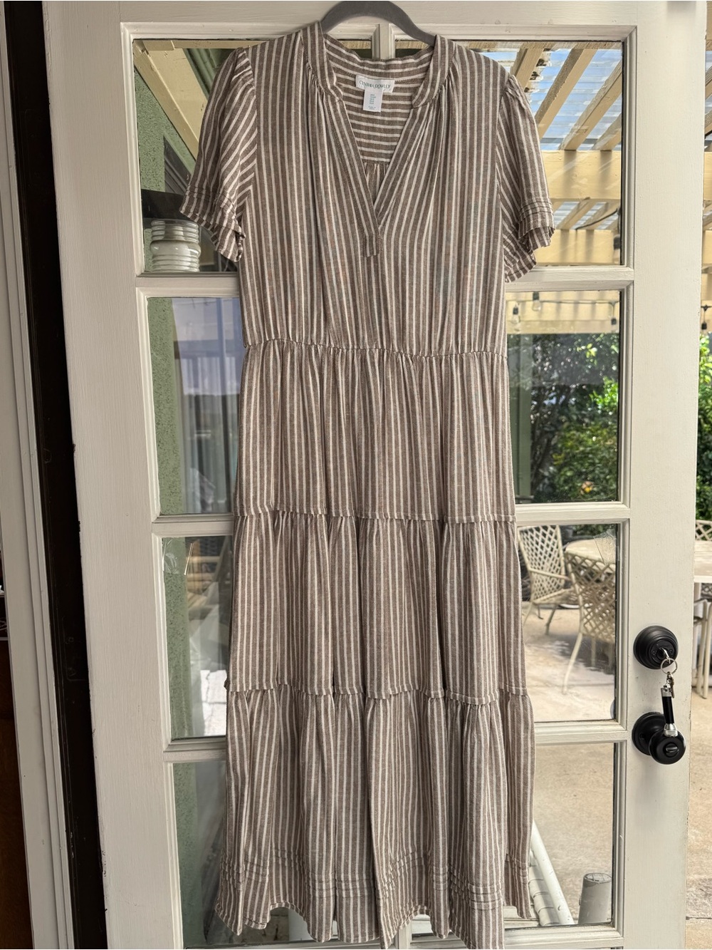 Like New Cynthia Rowley Striped Tiered Midi Dress in tan/white, Size Small - Picture 2 of 6